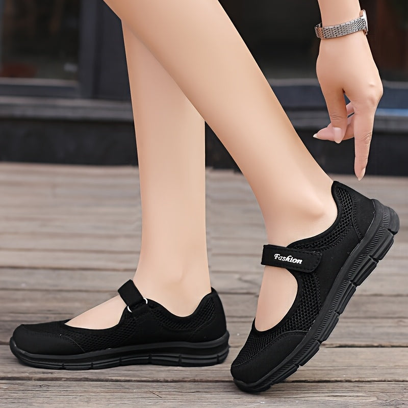 Women's Mesh Flats with Adjustable Closure Black Casual Comfortable Shoes