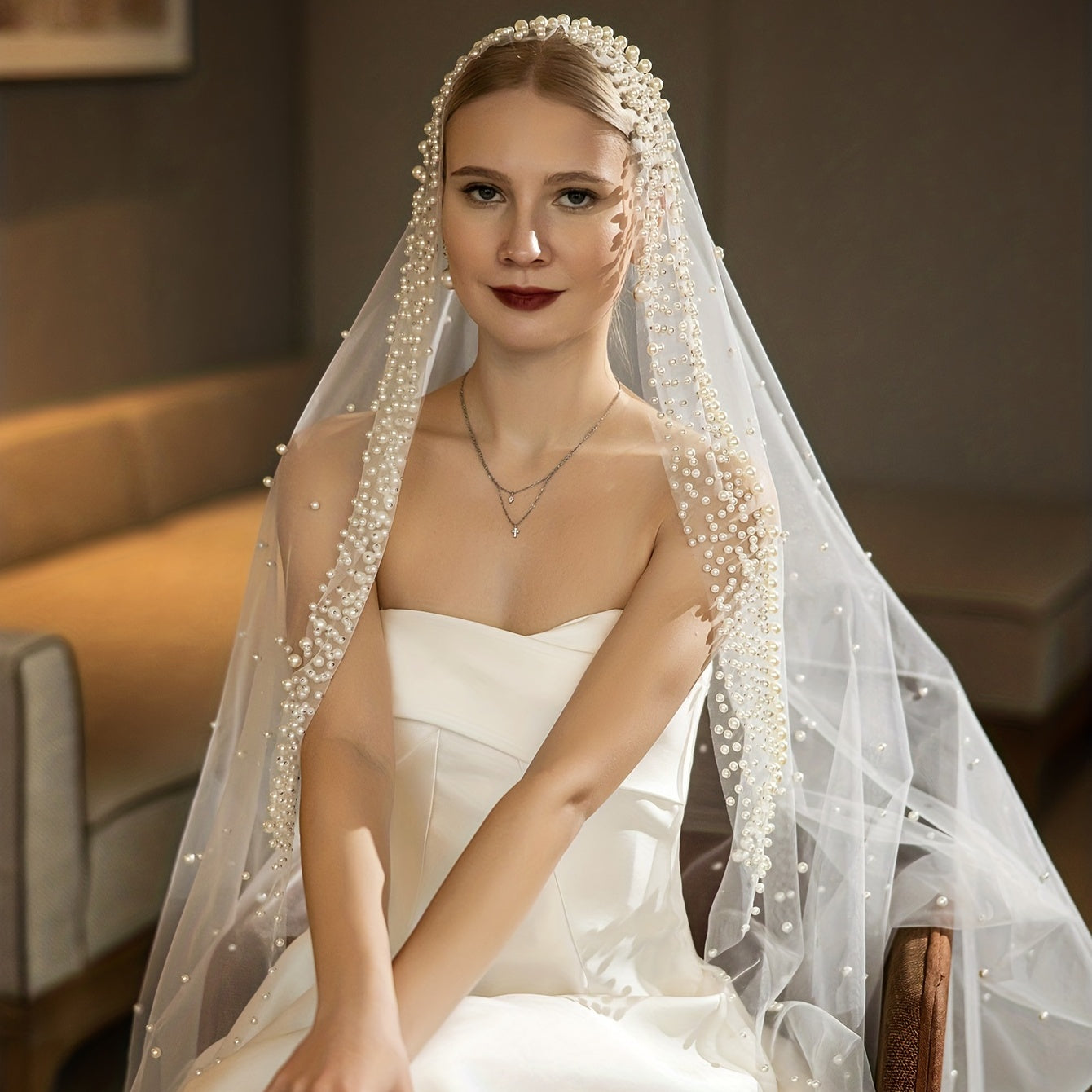 Princess Cathedral Wedding Veil with Faux Pearl Bridal Head Jewelry