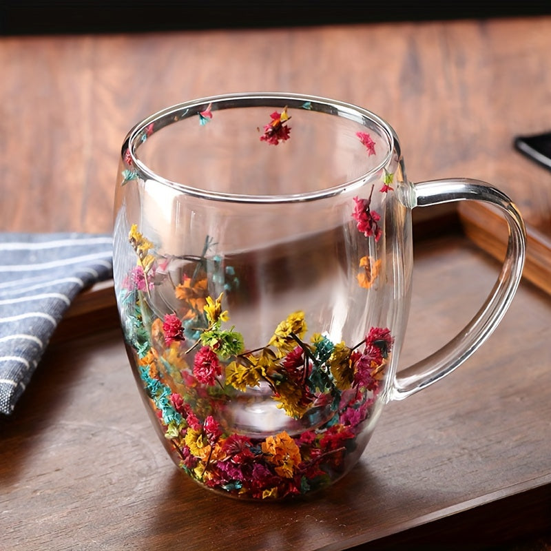 Double Layer Glass Mug with Real Flowers and Flowing Sand for Hot Drinks and Beverages