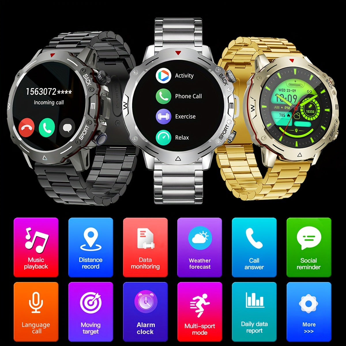 Men's Smartwatch Stainless Steel Band Fitness Tracker with Voice Call and Sports Modes