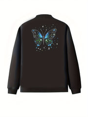 Plus Size Women's Casual Butterfly Print Zip-Up Jacket Long Sleeve Lightweight Outerwear