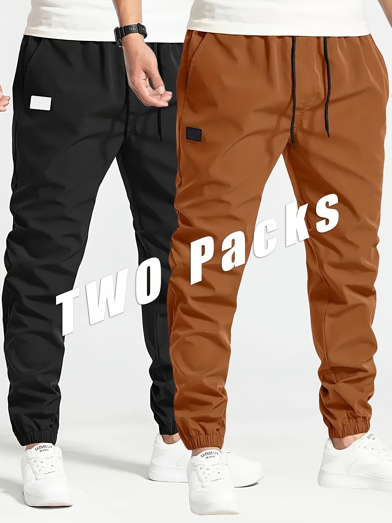 Men's Cargo Pants 2-Pack Loose Fit Drawstring Solid Polyester for Hiking Outdoor