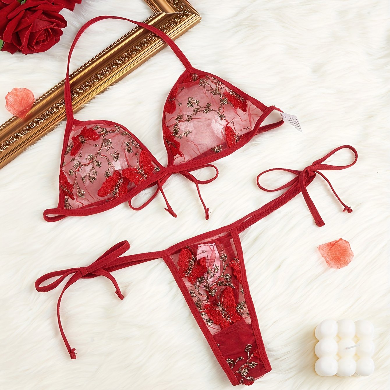 Women's Butterfly Embroidery Lingerie Set with Triangle Halter Tie Bra and Thong