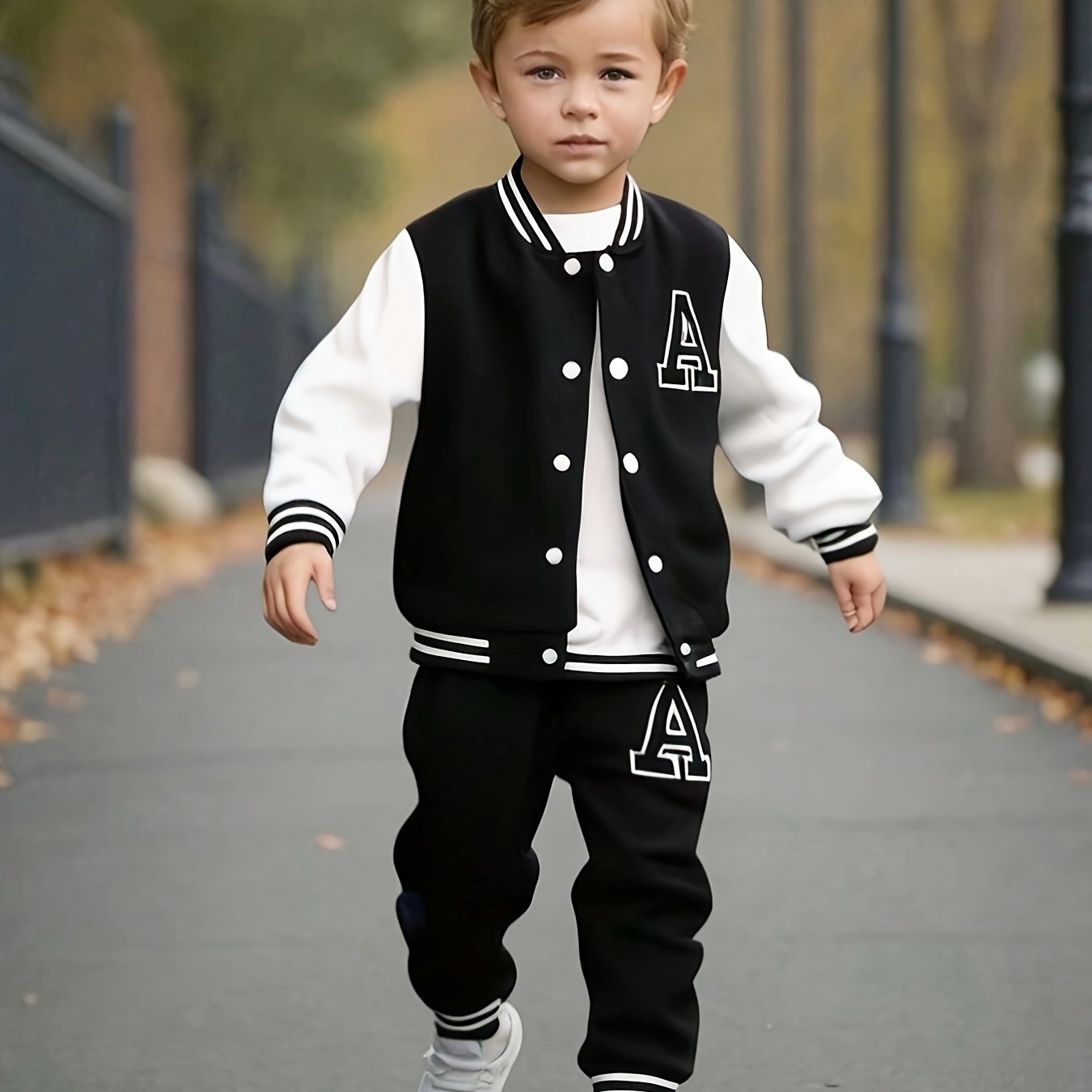 Boys Fall Winter Baseball Suit Polyester Knit Alphabet Print Regular Fit with Button
