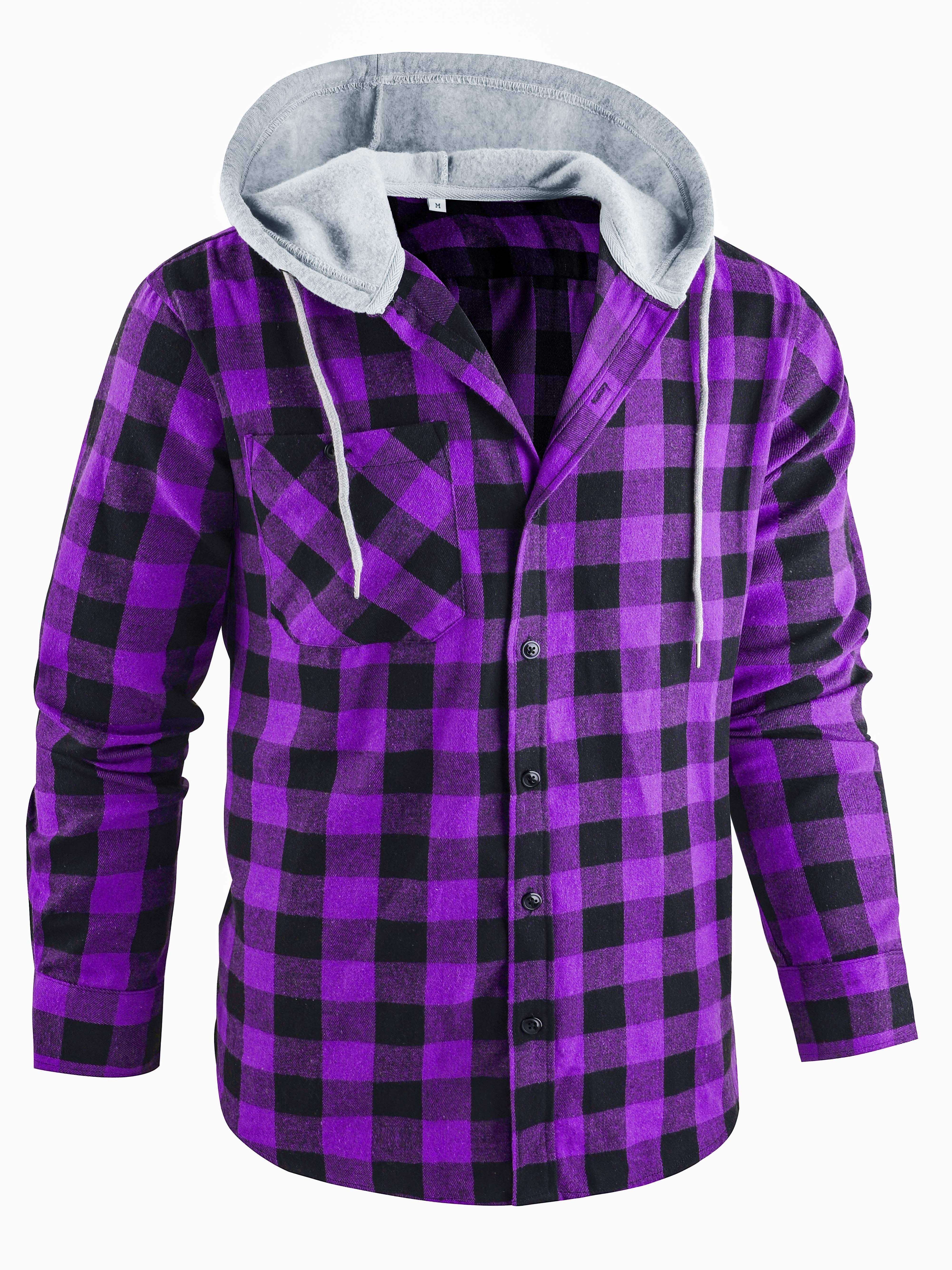 Men's Plaid Hooded Shirt Polyester Blend Casual Spring Fall Loose Fit Button Details