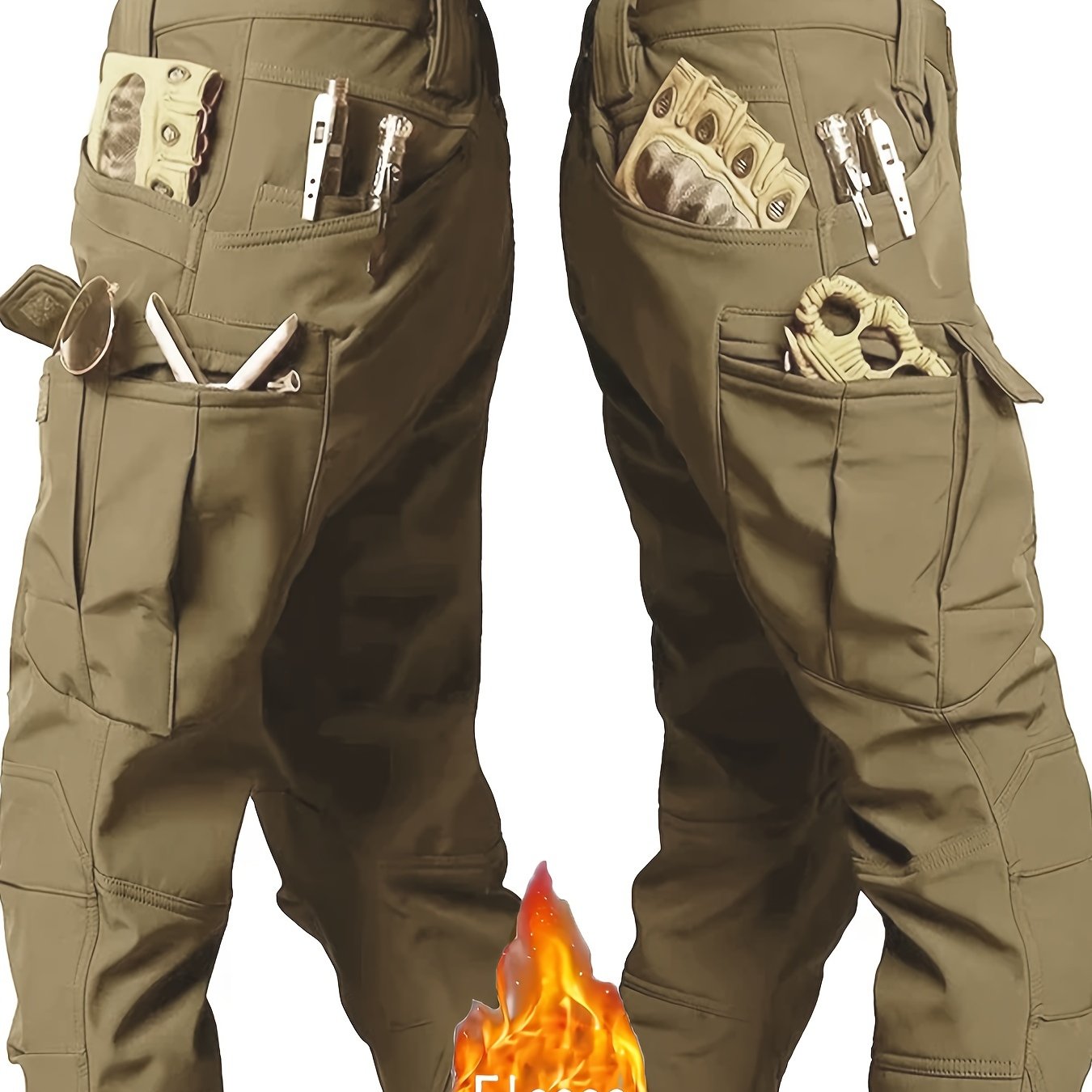 Pantalones tácticos con forro de felpa para hombres, a prueba de viento, de corte holgado, de tela suave, color verde oliva, poliéster y spandex