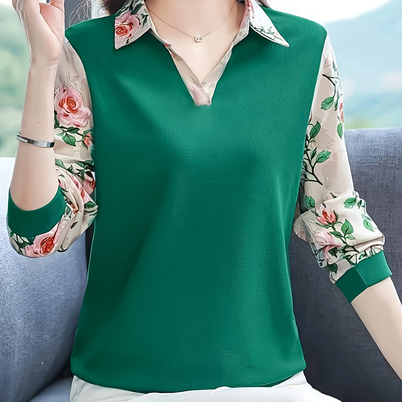 Women's Long Sleeve Floral Polyester Blouse with Lapel Collar for Spring and Autumn Vacations