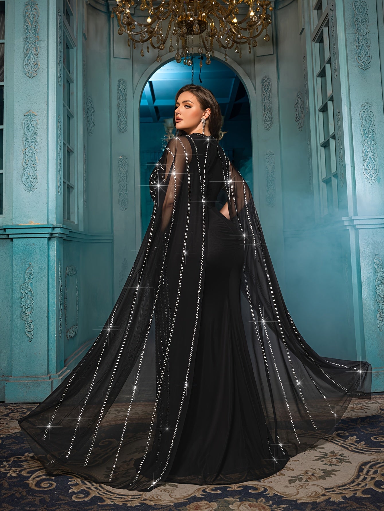 Plus Size Black Evening Dress Rhinestones Puff Sleeves Bow Neckline