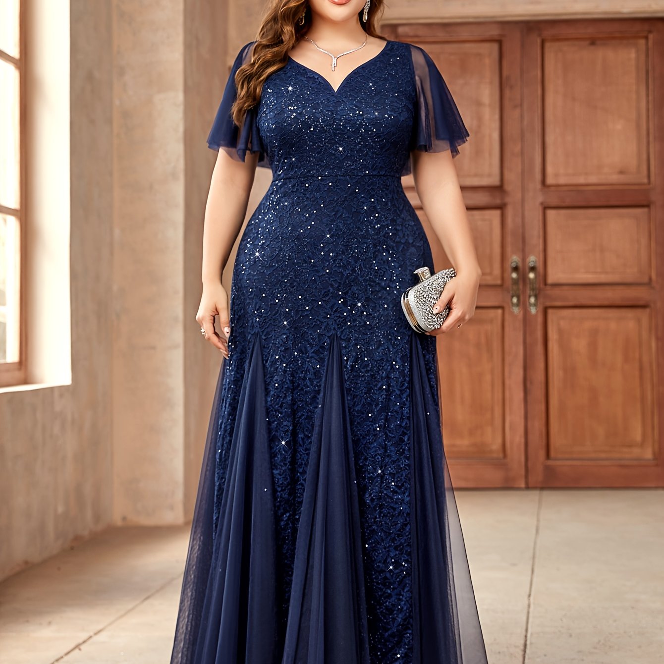 Plus Size Emerald Green Sequin Wedding Dress with Ruffle Sleeves and Lace Contrast