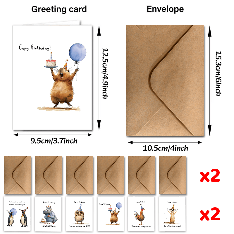 24 ta Hayvon Mavzusidagi Tug'ilgan Kun Kartochalari to'plami, Mos Kelayotgan Konvertlar bilan - Gippolar, Pingvinlar, Qushlar va Boshqalar - Rahmat xabarlari va Sovg'alar uchun Ideal
