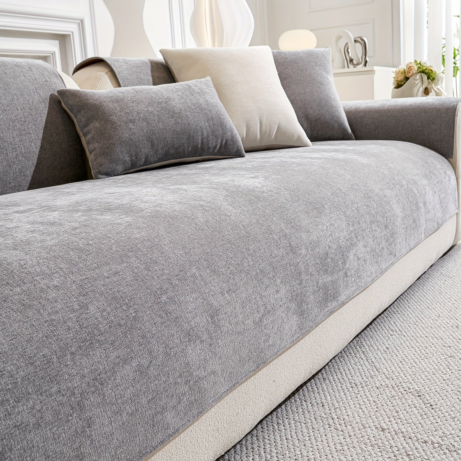 Chenille Sofa Cover Non-Slip Pet-Friendly All Seasons Fits 1-4 Seaters Light Beige