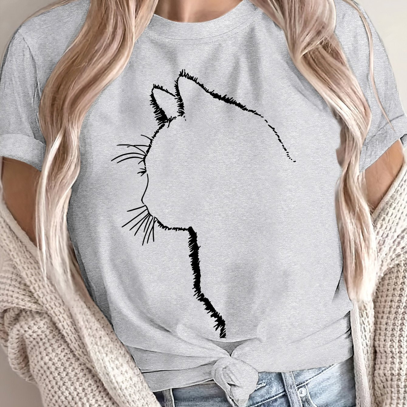 Women's Oversized Cotton Cat Graphic T-Shirt Casual Short Sleeve All-Season