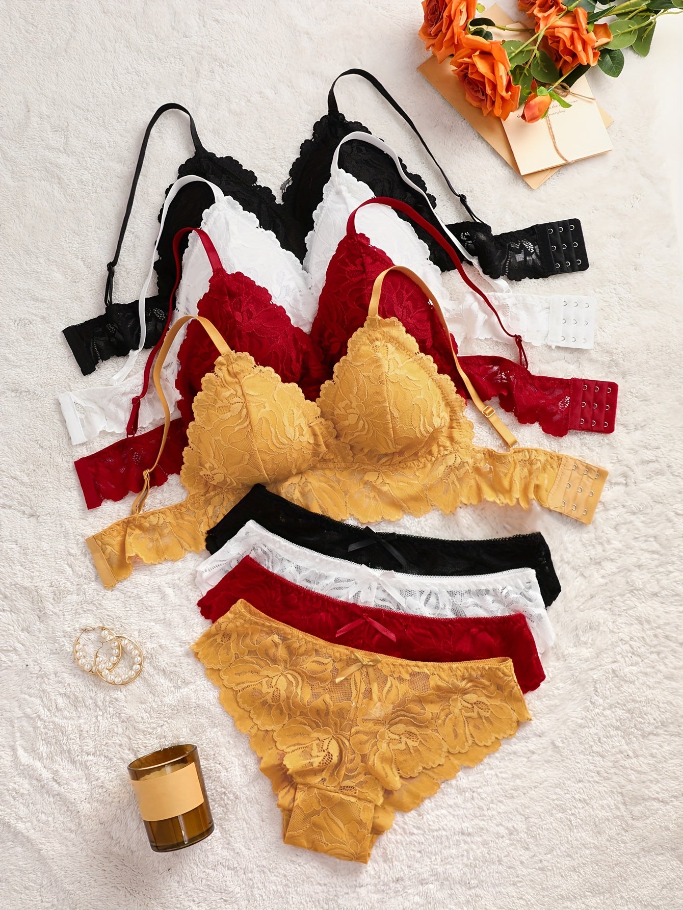 Floral Lace Lingerie Set with Scallop Trim and Bow Decor for Romantic Wear