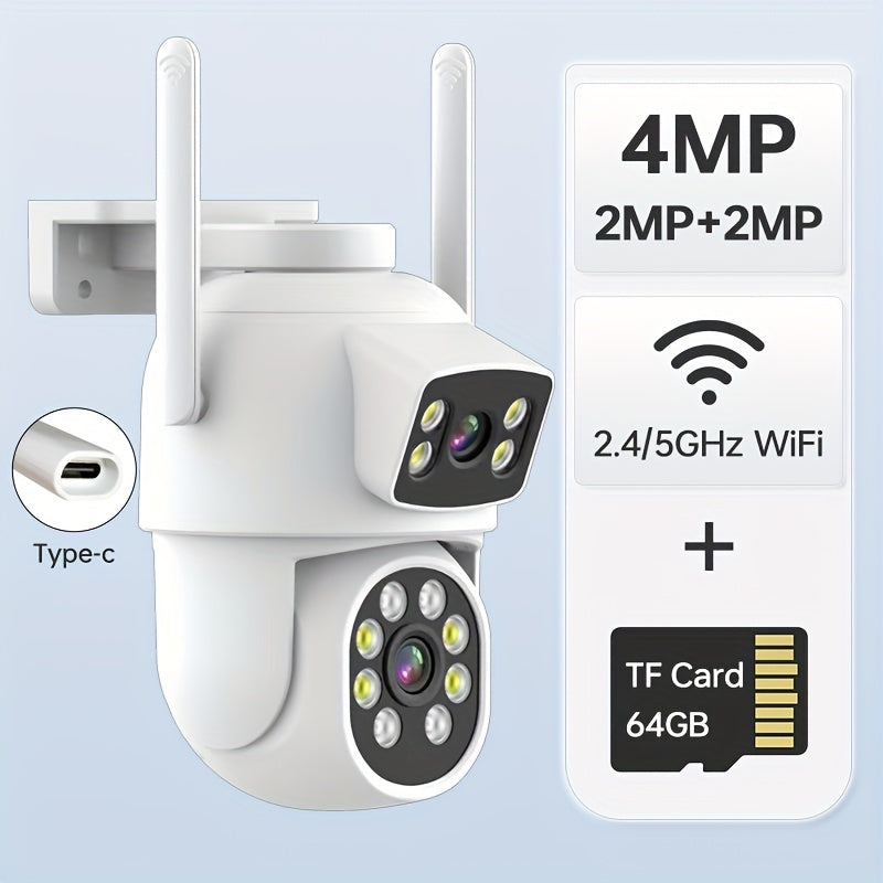 Tashqi simsiz xavfsizlik kamerasi, ikki linzali 360° ko'rinish, ilova xabarlari, rangli tungi ko'rinish, harakatni aniqlash, ikki tomonlama audio, SD/Cloud saqlash, IP65 suv o'tkazmaydigan - 4MP rezolyutsiya, 2.4g/5g Wifi'ni qo'llab-quvvatlaydi.