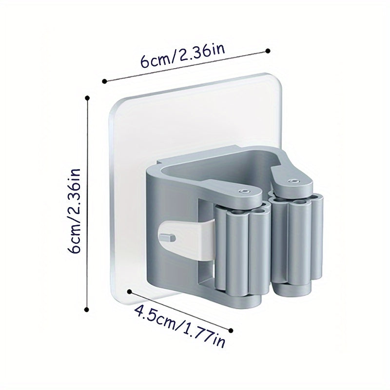 Soporte de pared blanco para trapeador y escoba con múltiples ganchos de plástico para almacenamiento en cocina y baño