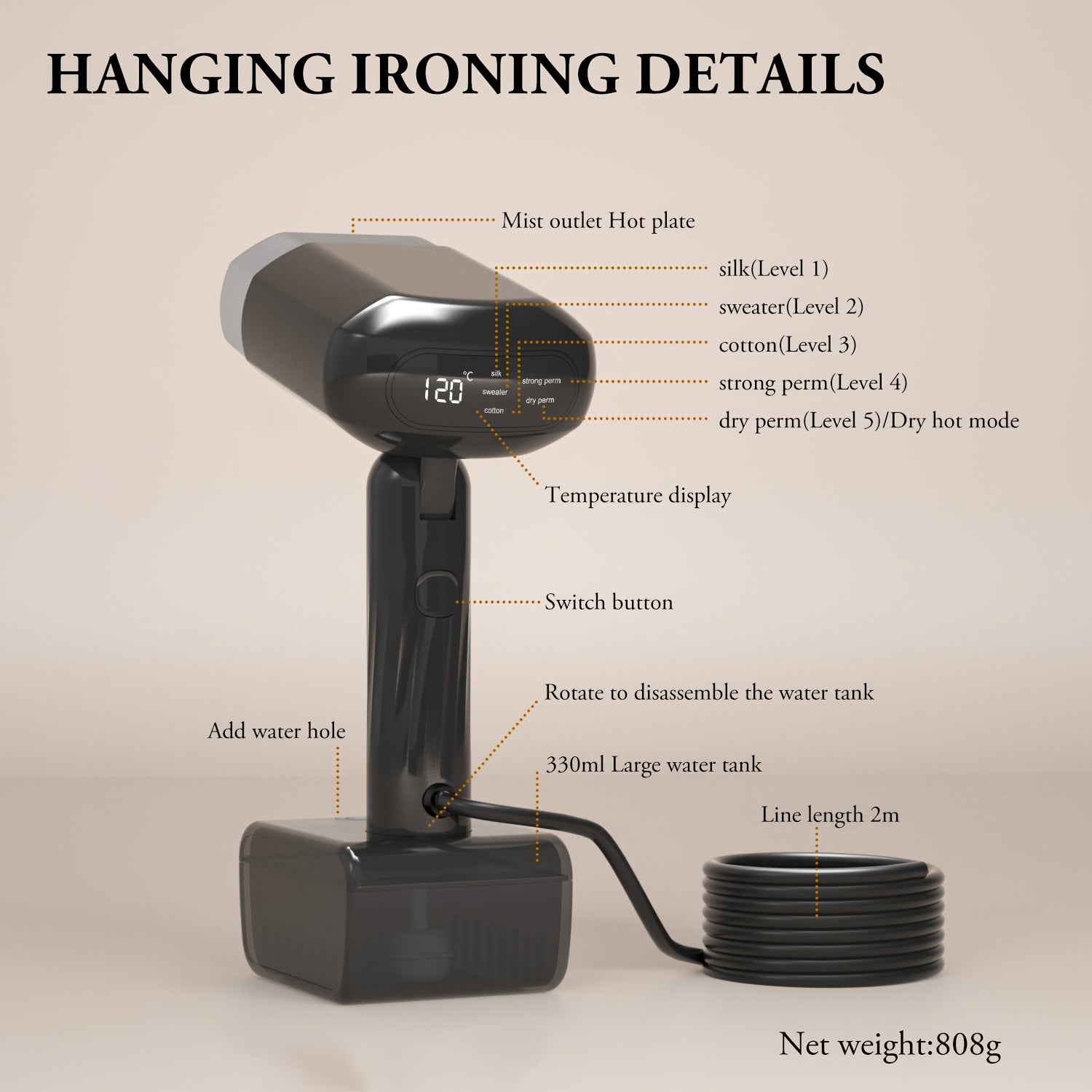 Vaporizador de prendas de mano portátil de 1800W para viajes y hogar