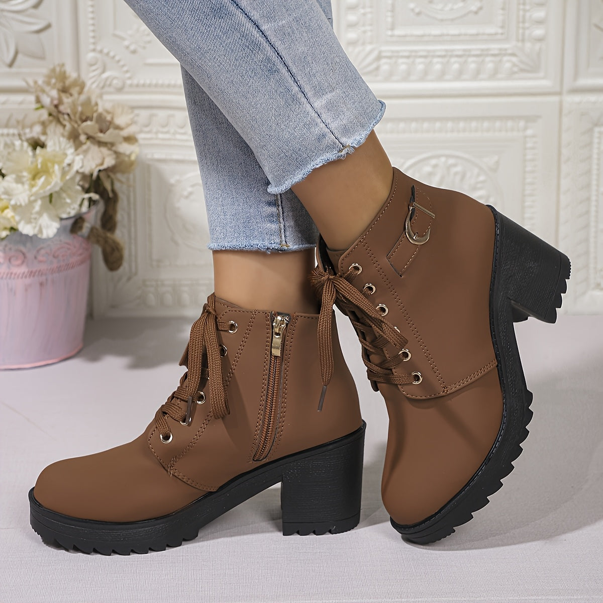 Women's Copper Plated High Heels with Buckle Decor and Thick Sole