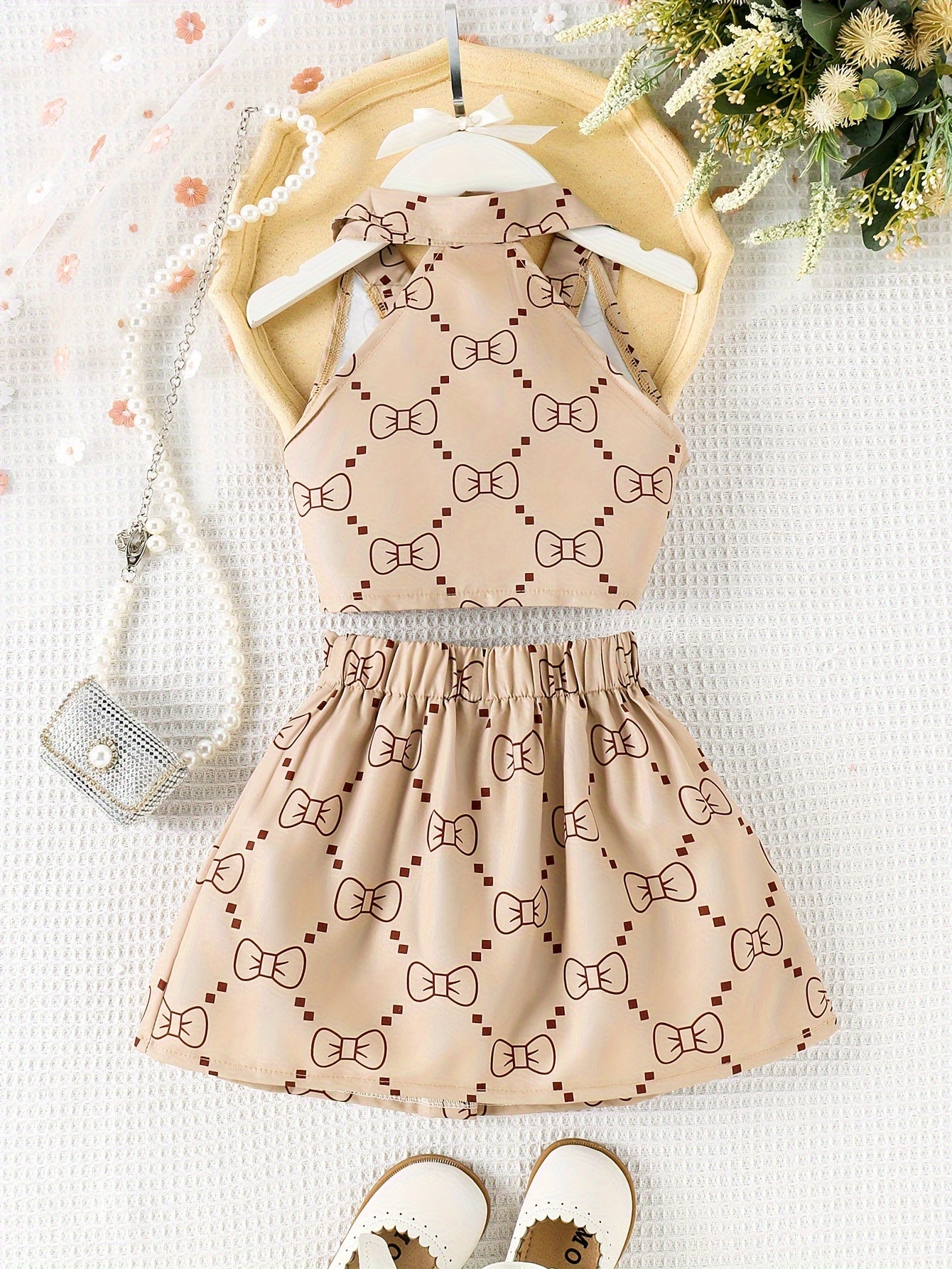 Girls Sleeveless Butterfly Print Top and Pleated Skirt Set for Summer