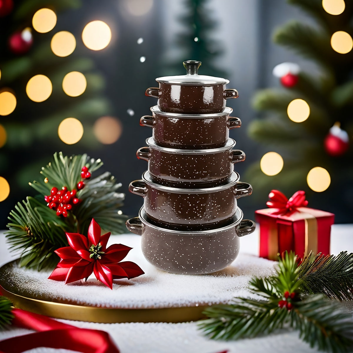 Набор из 5 эмалированных кухонных принадлежностей для Рождества - легкие, портативные и универсальные кастрюли для супов, рагу и многого другого - подходят для газовых и электрических плит - идеальны для домашних кухонь и ресторанов