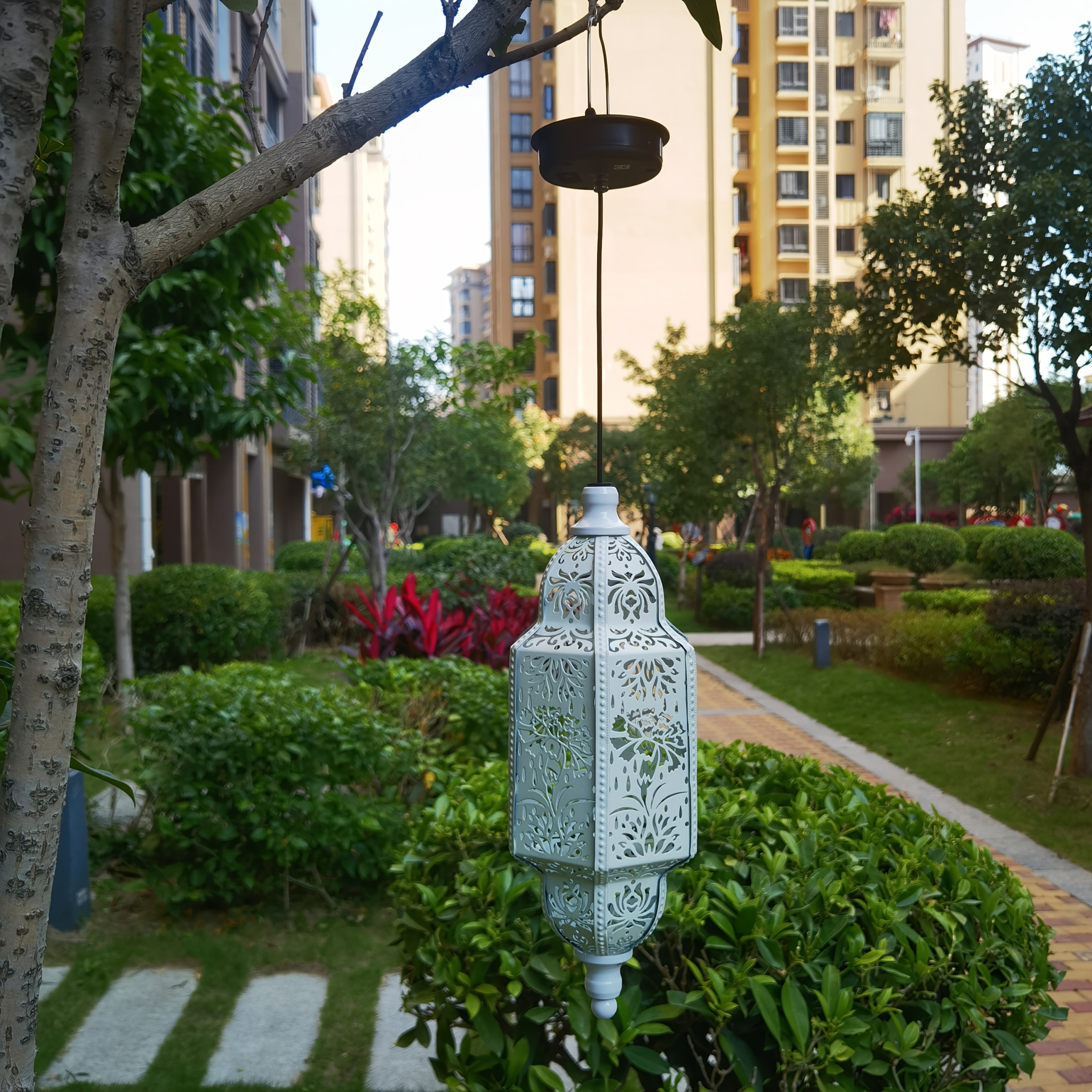 Moroccan Hexagonal Solar Lantern with Flower Projections for Outdoor Decoration