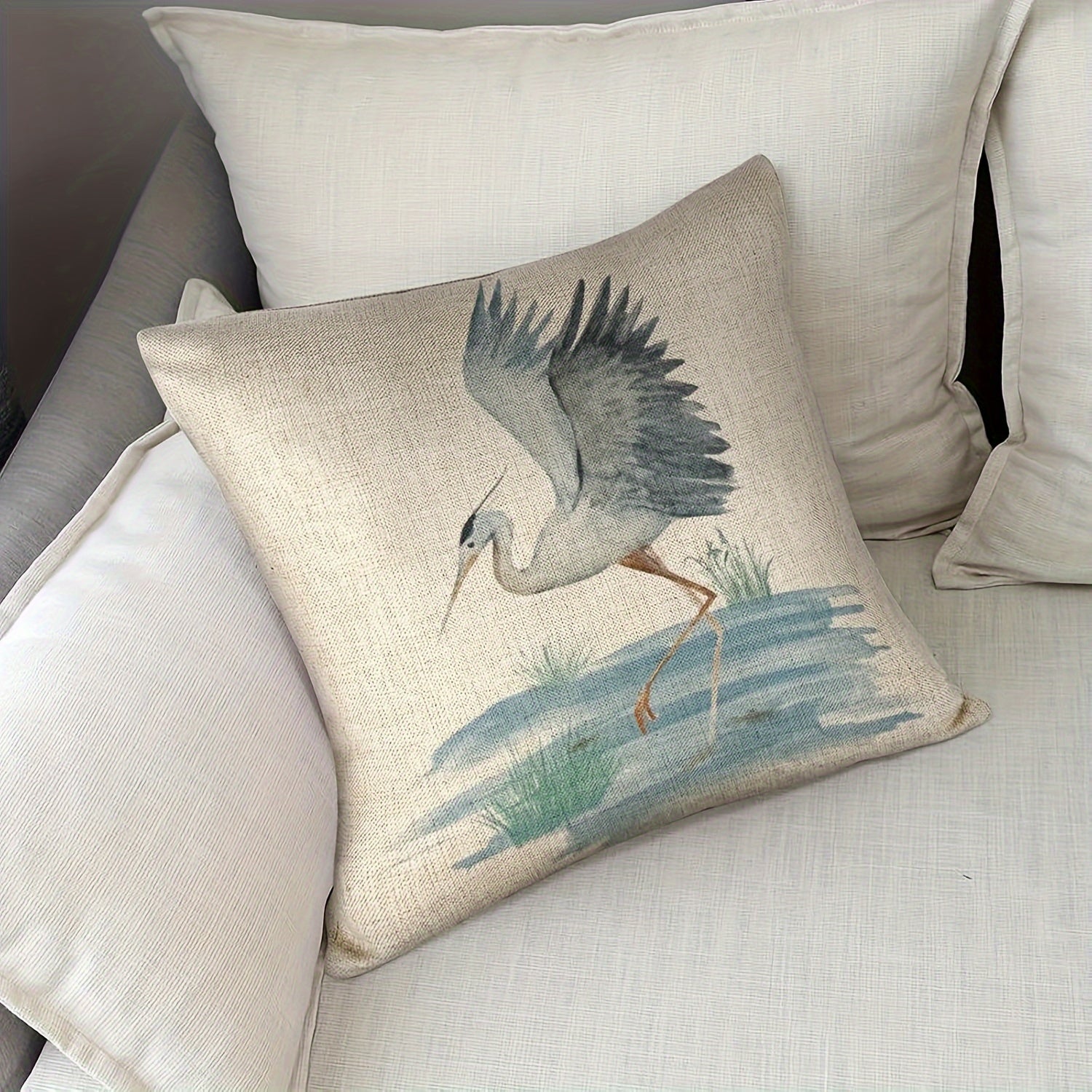 Heron Bird Linen Pillowcase Beige Blue Gray Zipper Machine Washable 1pc