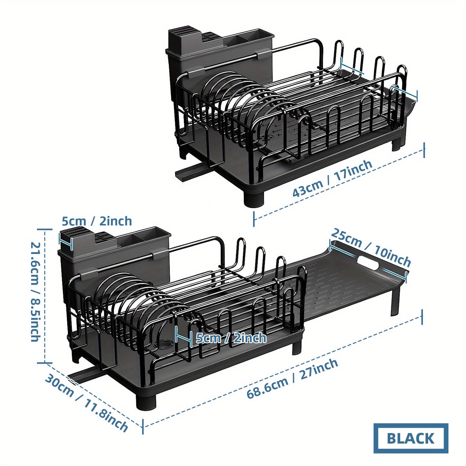 Gran escurridor de platos extensible con soportes para cubiertos y tazas, organizador de cocina resistente a la oxidación