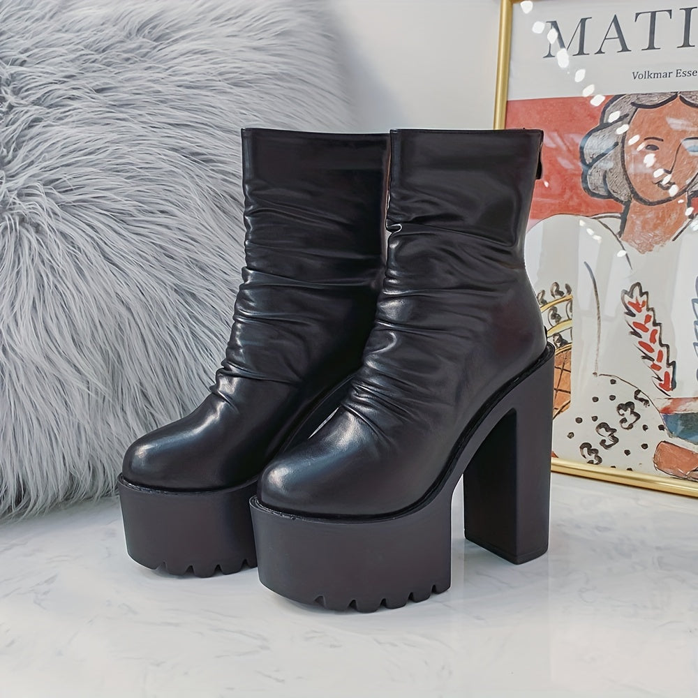 Women's Black Block Heeled Boots Round Toe Zipper Platform Shoes