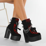 Women's Gothic Lace Ankle Boots Chunky Heel Side Zipper All-Season Black Red
