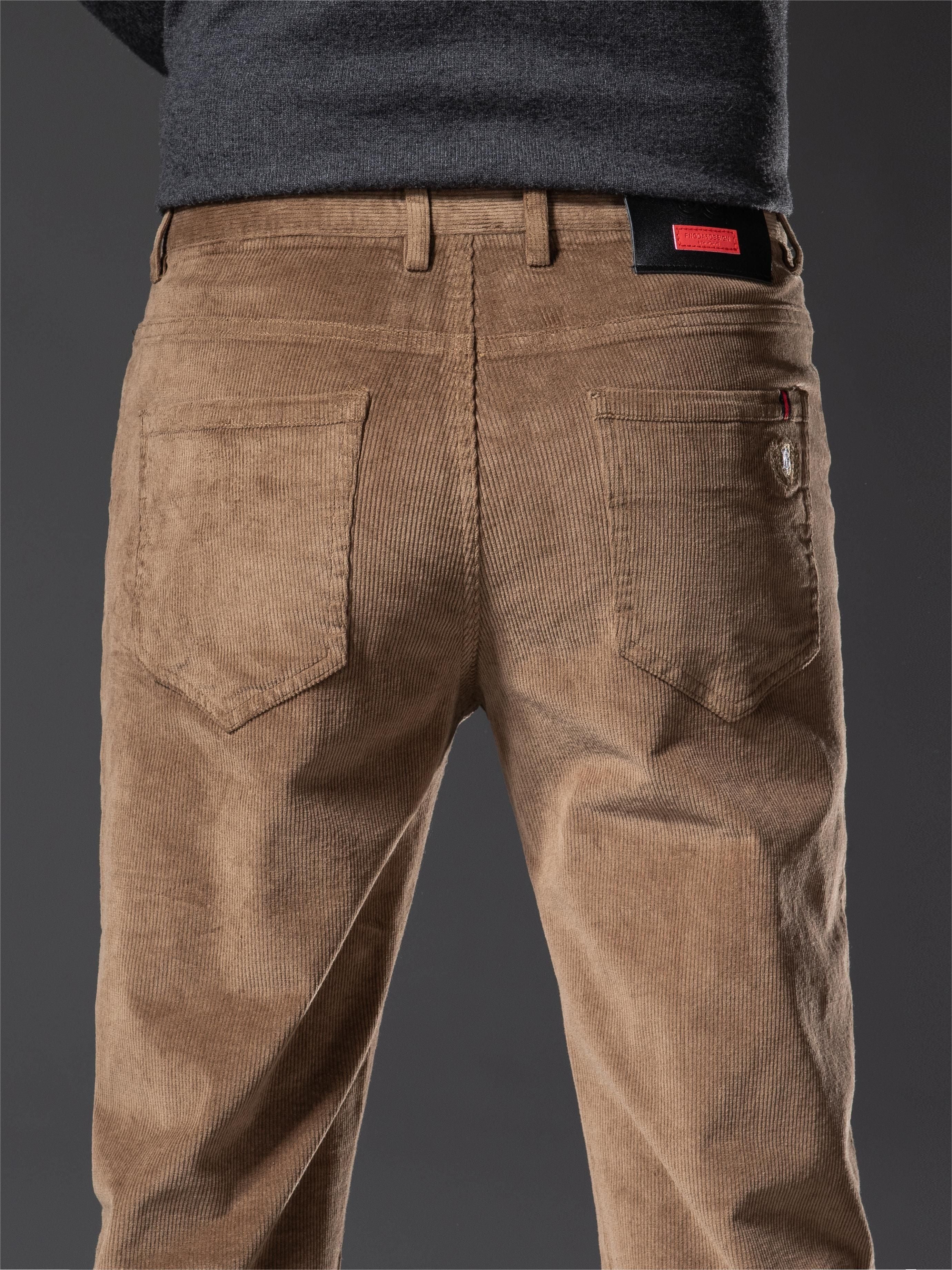 Pantalones de pana de corte ajustado para hombre, otoño e invierno, color sólido, mezcla de algodón, bordado