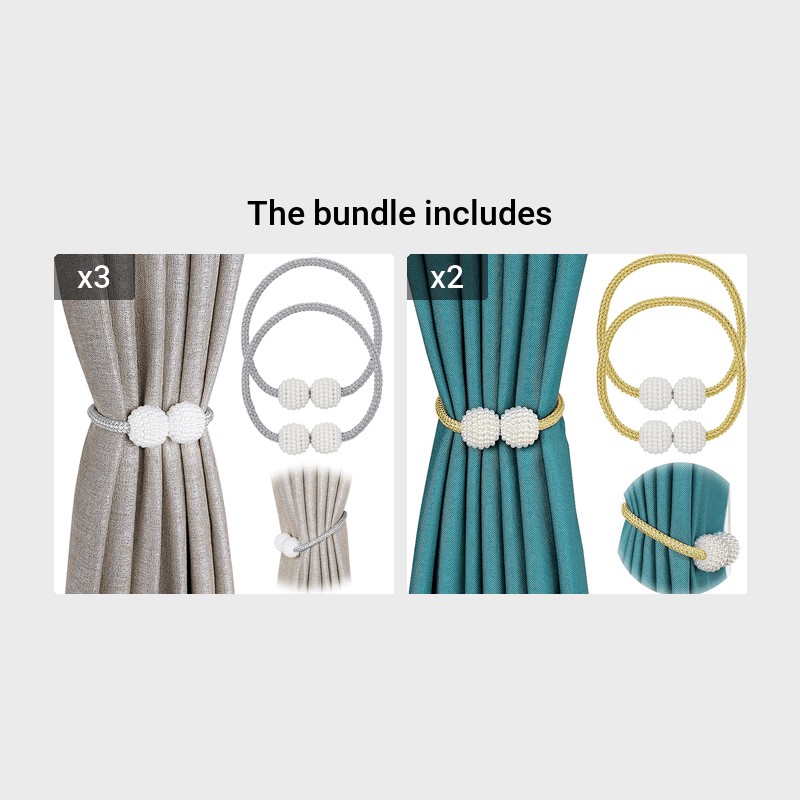 Ikki zamonaviy poliester ipidan yasalgan, marvaridga o'xshash to'plar bilan bezatilgan elegant magnit parda bog'ichlari. Ushbu dekorativ deraza pardalari bilan uy yoki ofis bezatishingizga zamonaviy uslub qo'shing. Zamonaviy dizayn va to'p bezaklari.