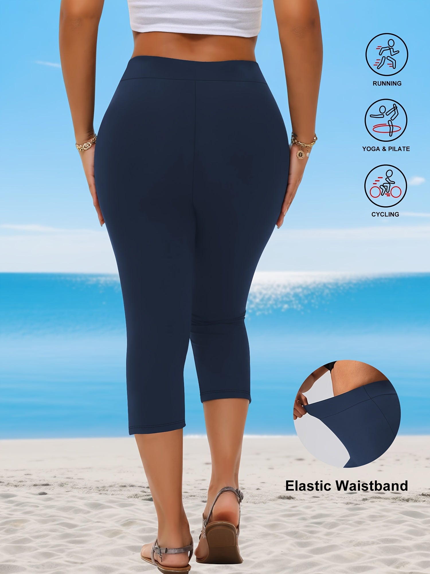 Plus Size Women's Stretchy Capri Pants with Side Slit Solid Color Breathable Fabric