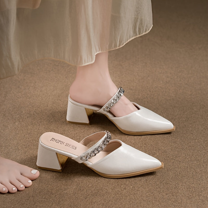 Women's Pointed Toe Chunky Heel Shoes Synthetic Braided Ankle Strap Black Brown