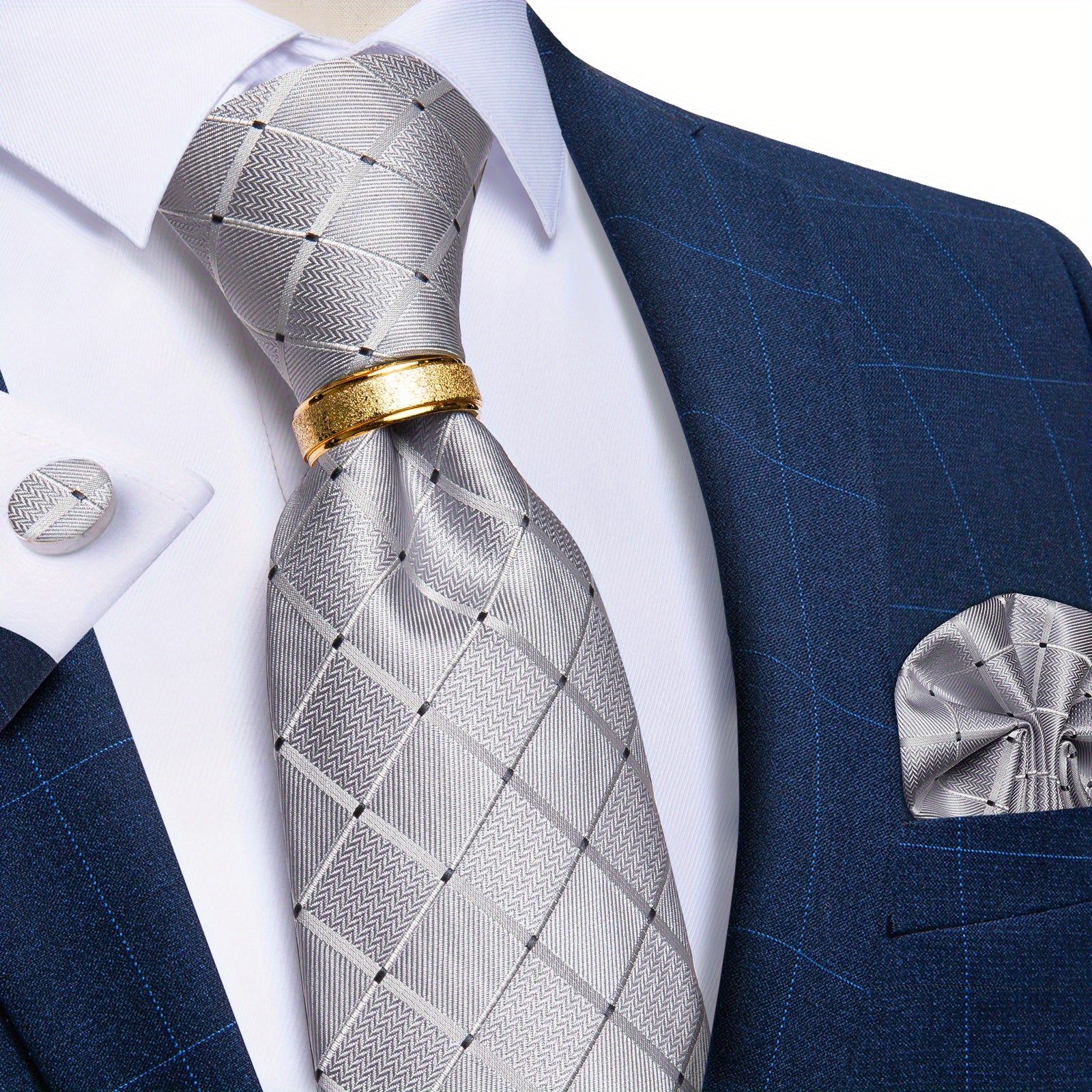 Men's Tie Set with Paisley Plaid and Striped Designs Including Pocket Square Cufflinks Ring