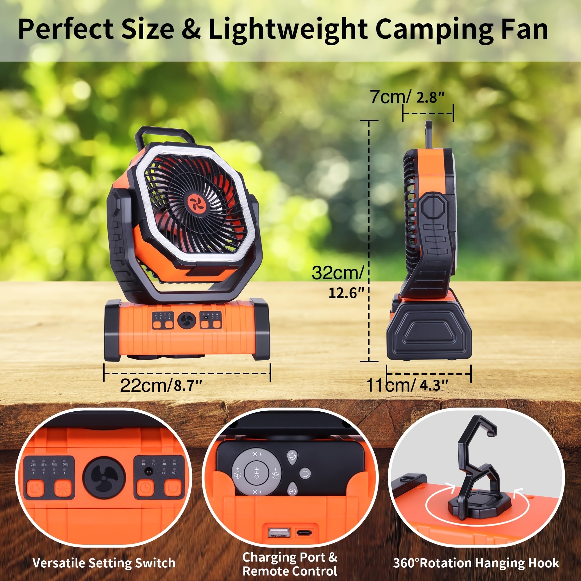 Portable Camping Fan with LED Light and 20000mAh Battery, 4-Speed, Rechargeable USB, Hexagonal Design, Orange and Black