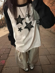 Women's Long Sleeve Raglan T-Shirt Black White Geometric Star Print Knit Polyester-Blend