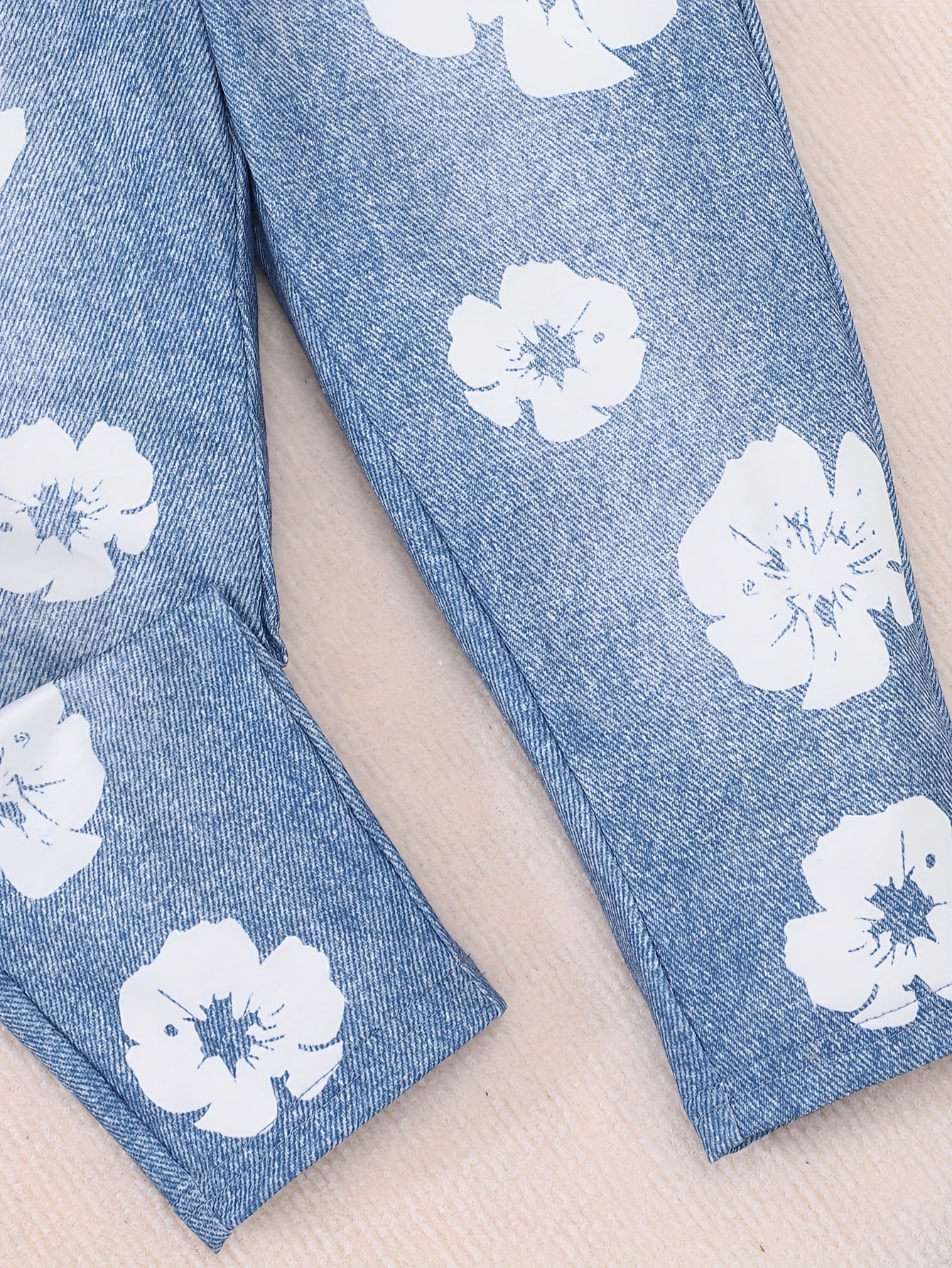 Girls' Casual Outfit with Denim Vest, Floral Jeans and Long Sleeve Tee for Spring Fall