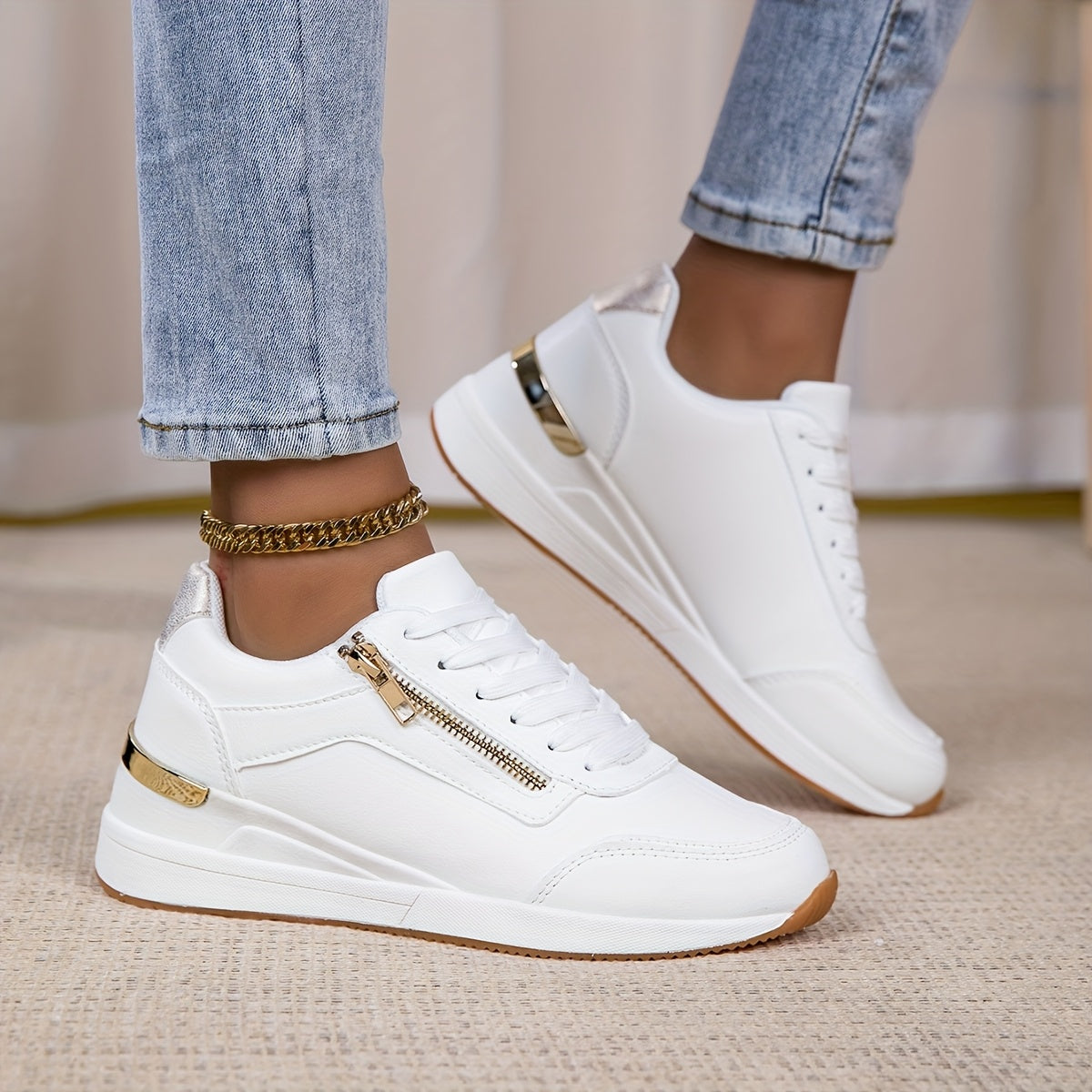 Women's White Low-Top Sneakers with Metallic Accents and Anti-Slip Sole