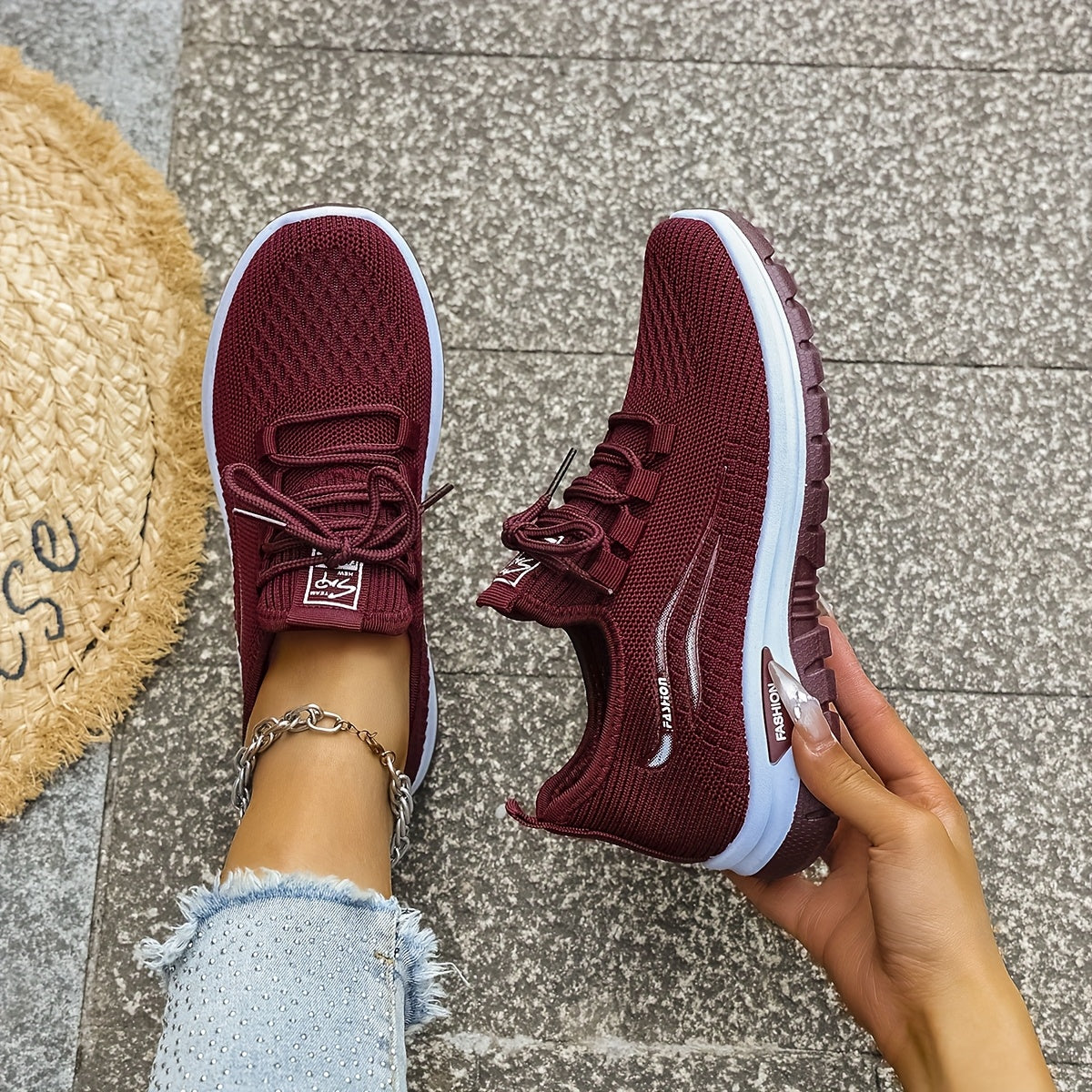 Women's Casual Knit Running Shoes with Lace-Up Patterned Design