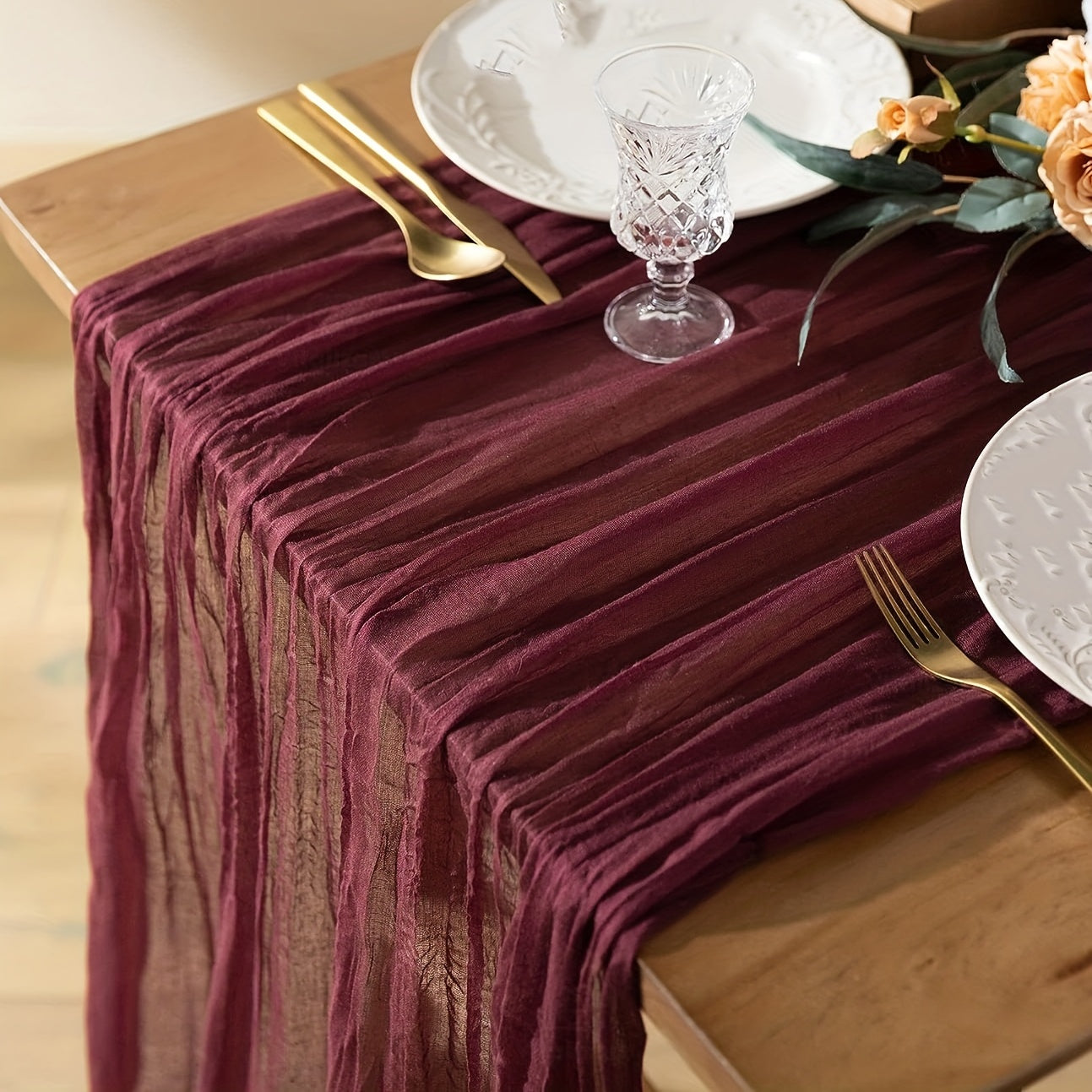 Burgundy Cheesecloth Table Runner Bohemian Country Style for Weddings and Events