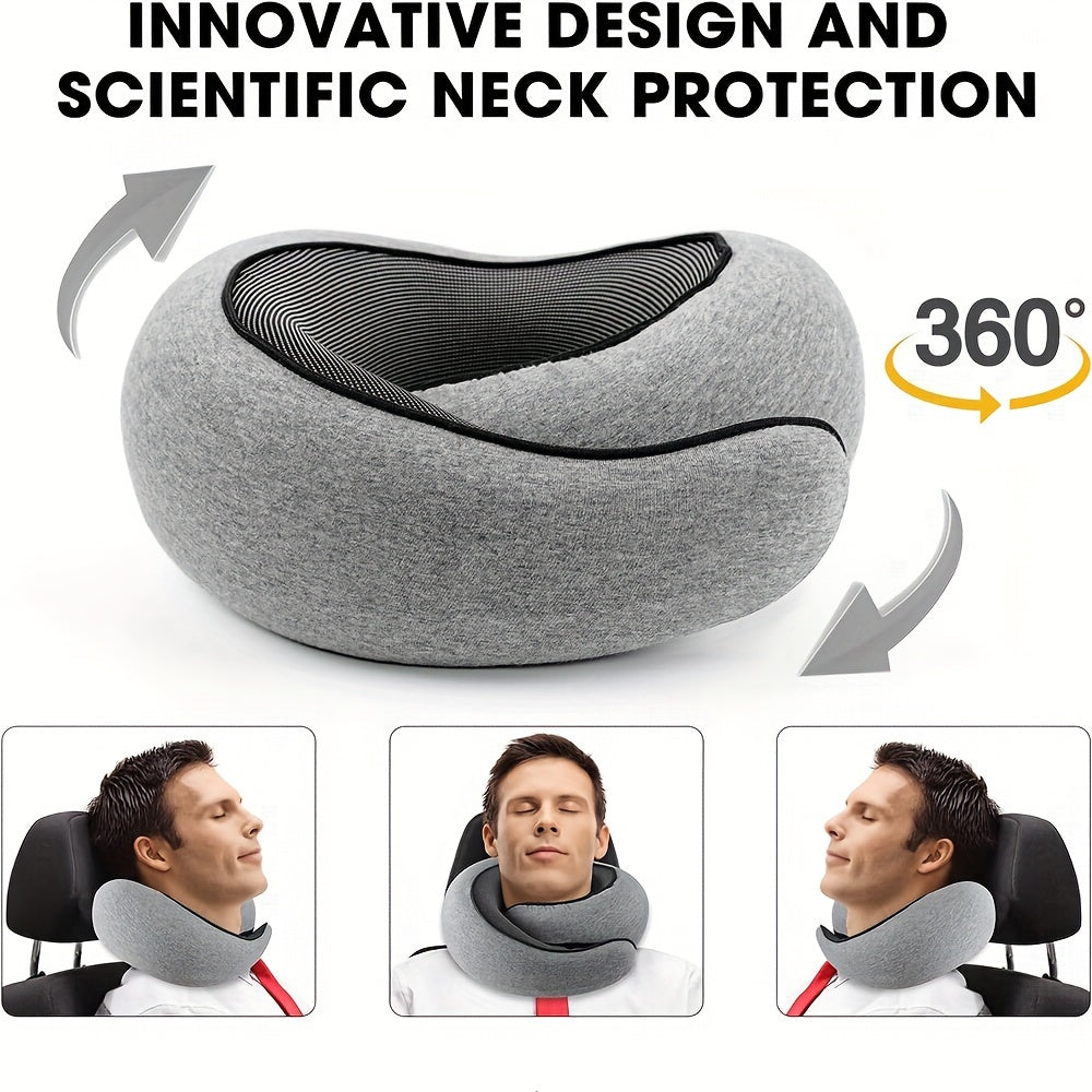 Almohada de viaje de espuma viscoelástica en forma de U gris con funda de malla transpirable para soporte del cuello