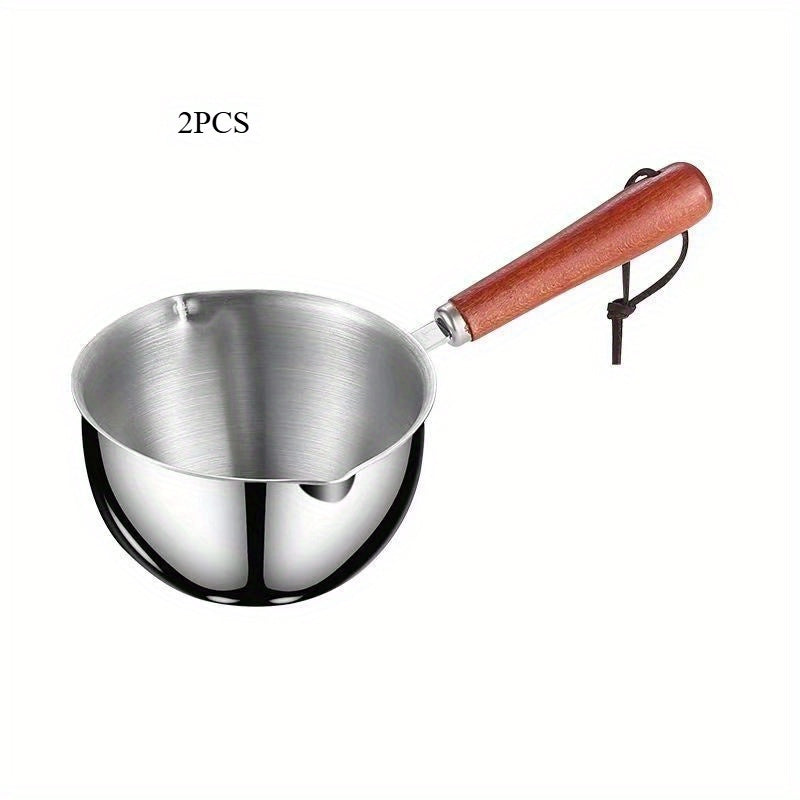 Stainless steel milk warmer with wooden handle for coffee and liquids