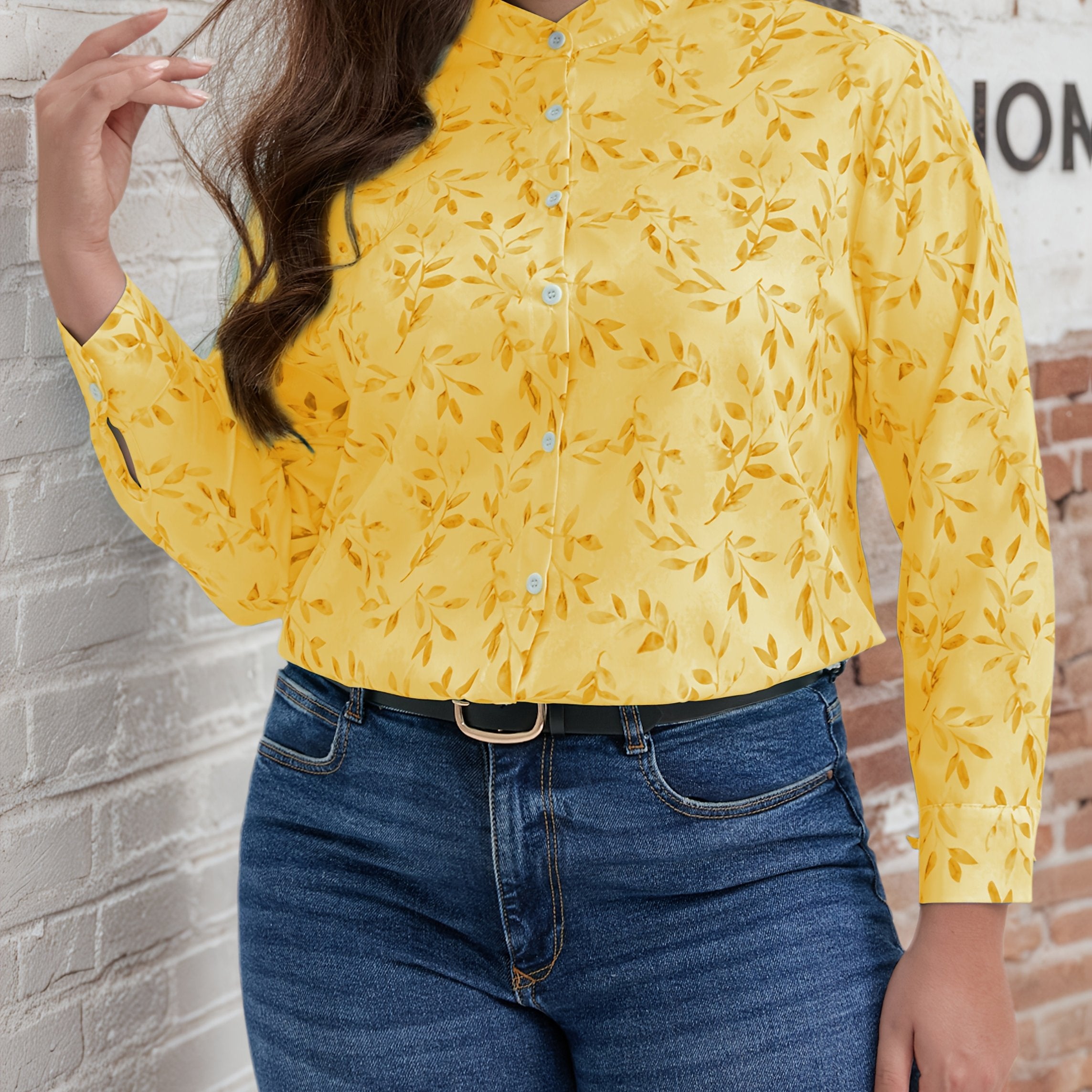 Plus o'lchamli ayollar bluzasi uzun qo'lqopli yengli polyester to'qima binafsha yashil barg bosma