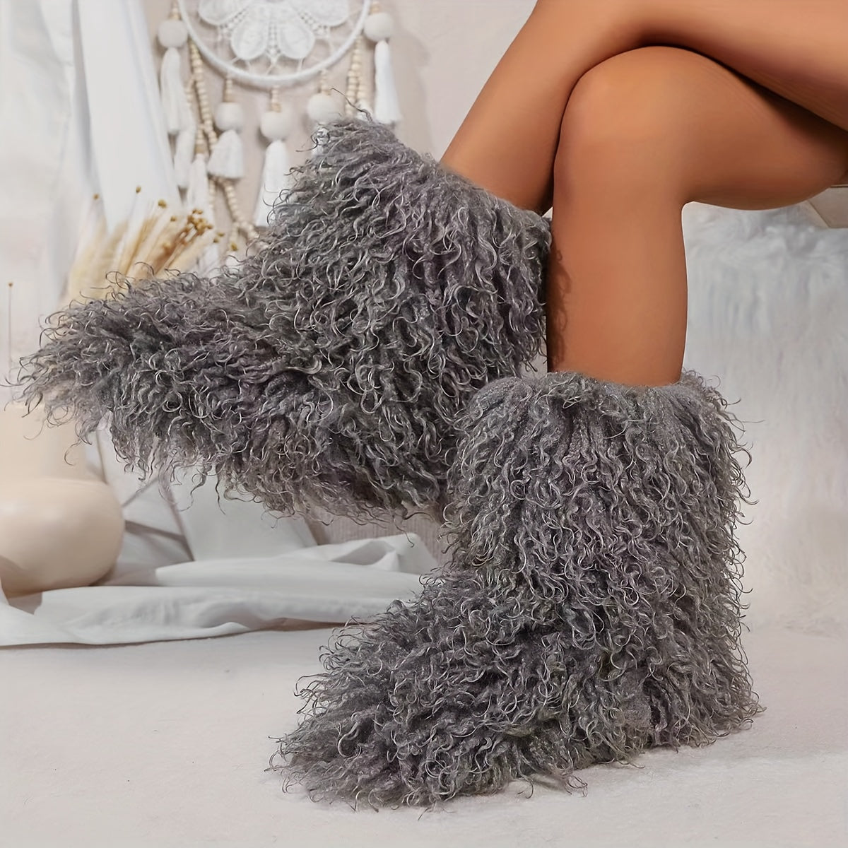 Women's Faux Fur Winter Boots Pull-On Soft Sole Non-Slip Snow Shoes