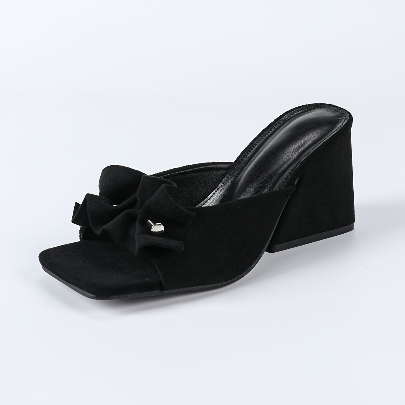 Women's Summer Black Chunky Heel Open Toe Mules with Knit Slip-Ons