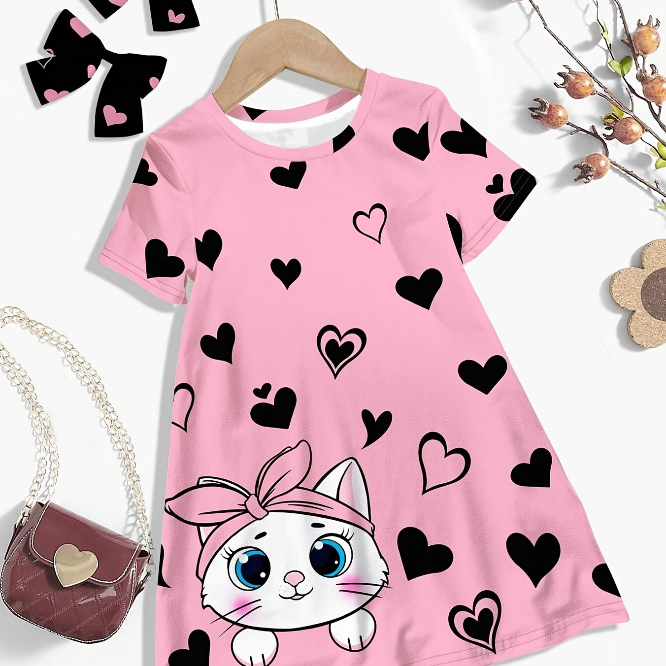 Girls' Dress Heart Print Polyester Knit Loose Fit for Outdoor Wear Black Pink Cats Medium Stretch