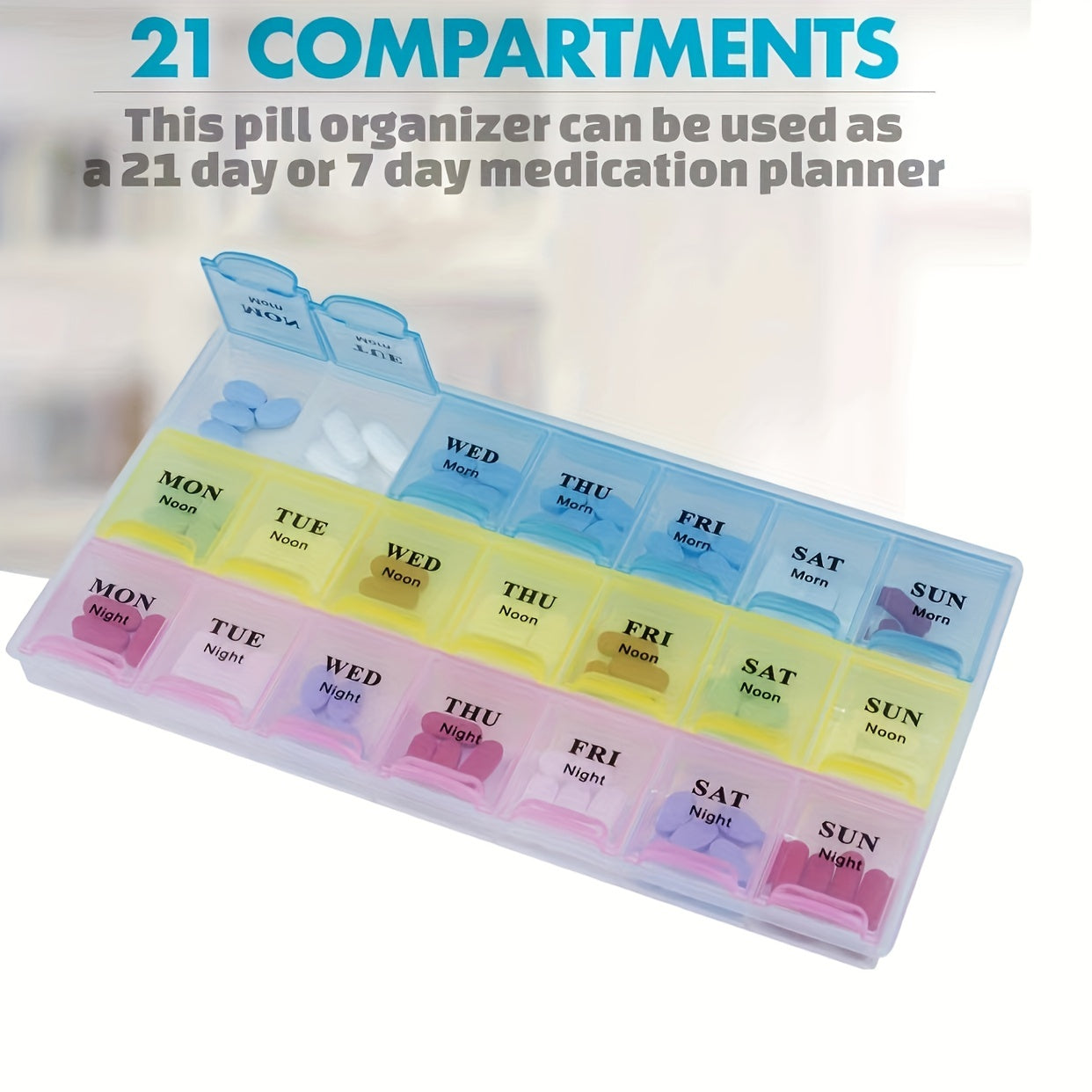 Weekly Pill Organizer 21 Grids with 3 Reminder Boxes for Travel and Vitamins