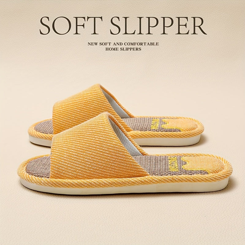 Женские льняные тапочки с мультяшным дизайном, дышащие, нескользящие, домашняя обувь