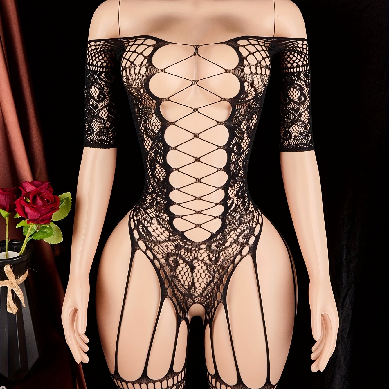 Women's Fishnet One-Shoulder Bodysuit with Open Crotch and Cross Pattern