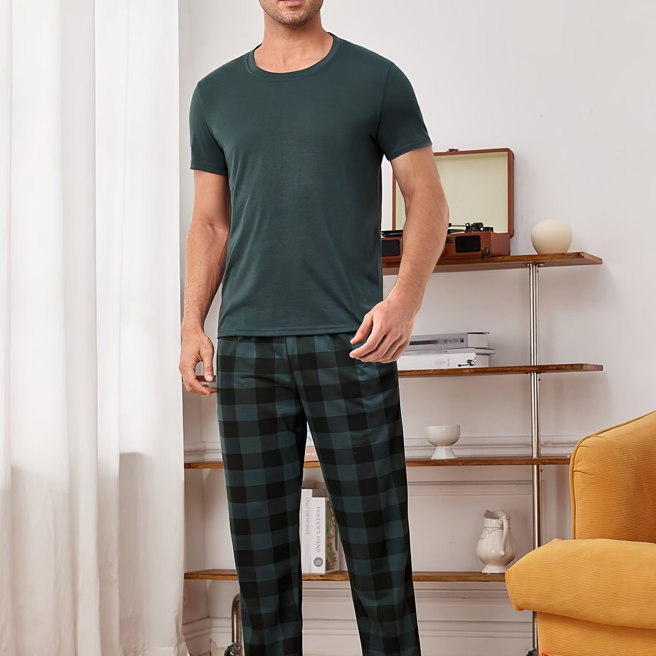 Men's Dark Green Pajama Set with Short Sleeve Crew Neck Top and Plaid Trousers