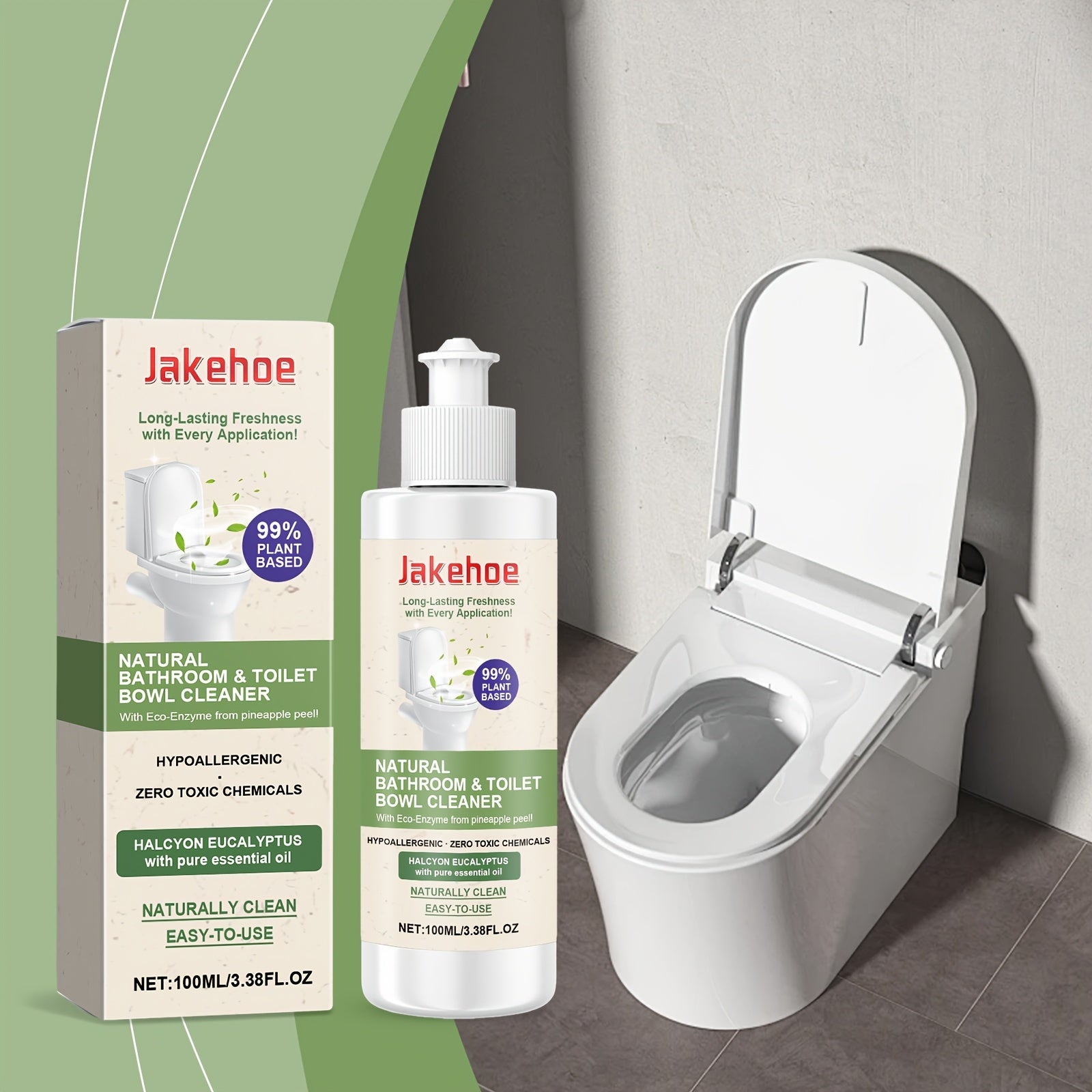 Jakehoe Toilet Bowl Cleaner — гипоаллергенное, не оставляющее следов жидкое средство. Объем менее 1 литра (100 мл/3,38 фл oz), эта мягкая формула содержит пищевую соду, которая эффективно устраняет запахи и безопасна для использования на керамике.
